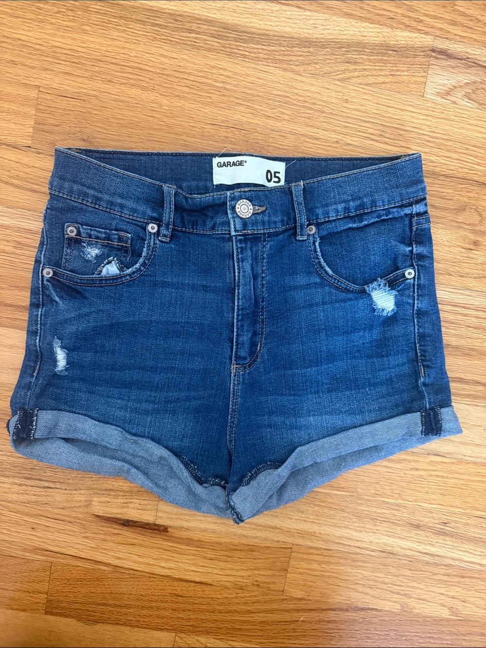 Garage Indigo Roll-Cuff Distressed Jean Shorts
